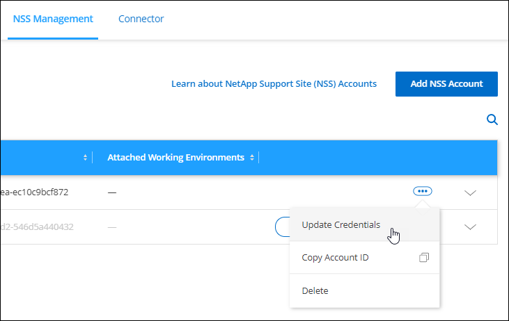 A screenshot that shows the action menu for a NetApp Support Site account which includes the ability to choose the Delete option.