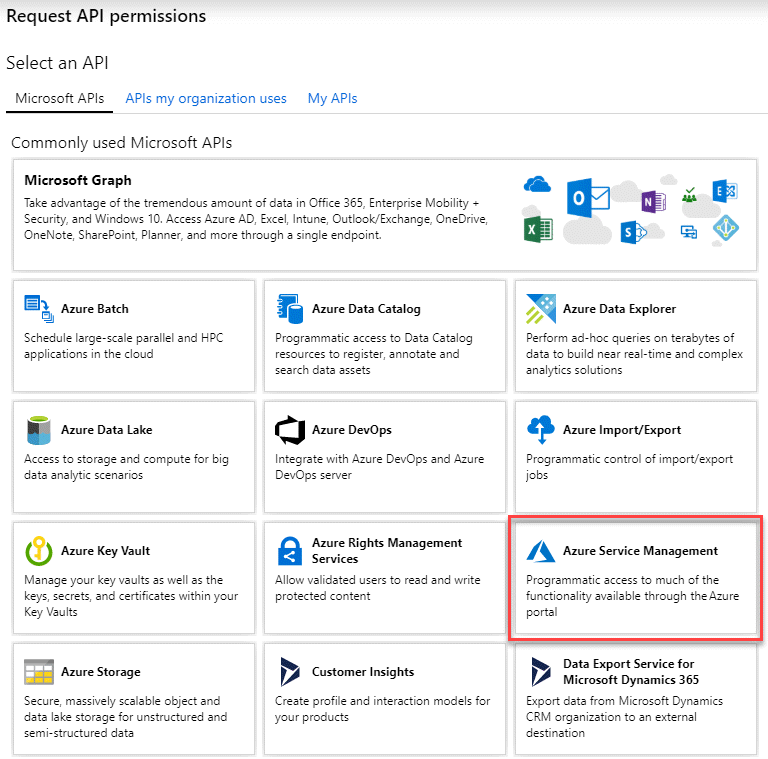 A screenshot of the Azure portal that shows the Azure Service Management API permissions.
