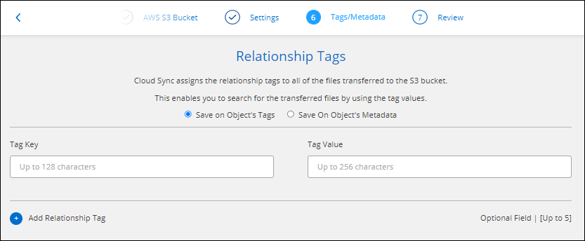 A screenshot that shows the page in the working environment wizard that enables you to add relationship tags to the object storage target in the relationship.