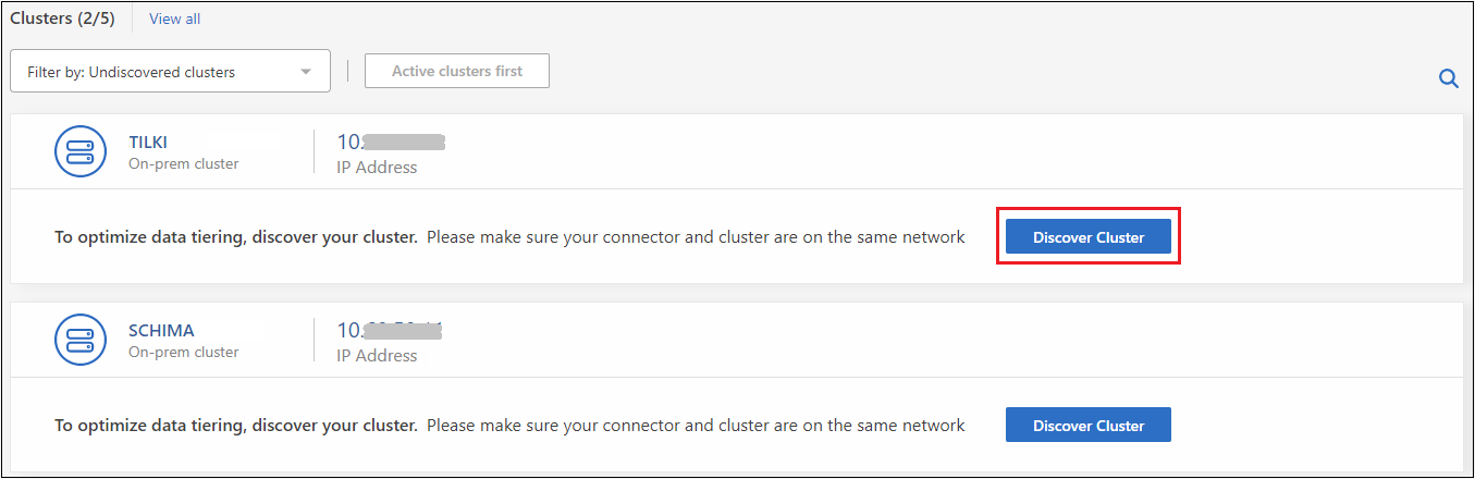 A screenshot showing how to discover an existing cluster to add to Cloud Manager and the Tiering Dashboard.