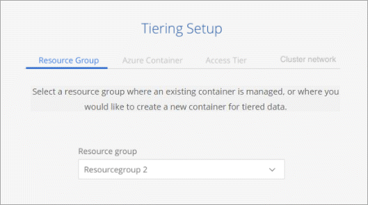 A screenshot of the option to choose a resource group when setting up data tiering to Azure Blob storage.