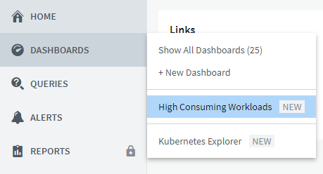 High Consuming Workloads menu