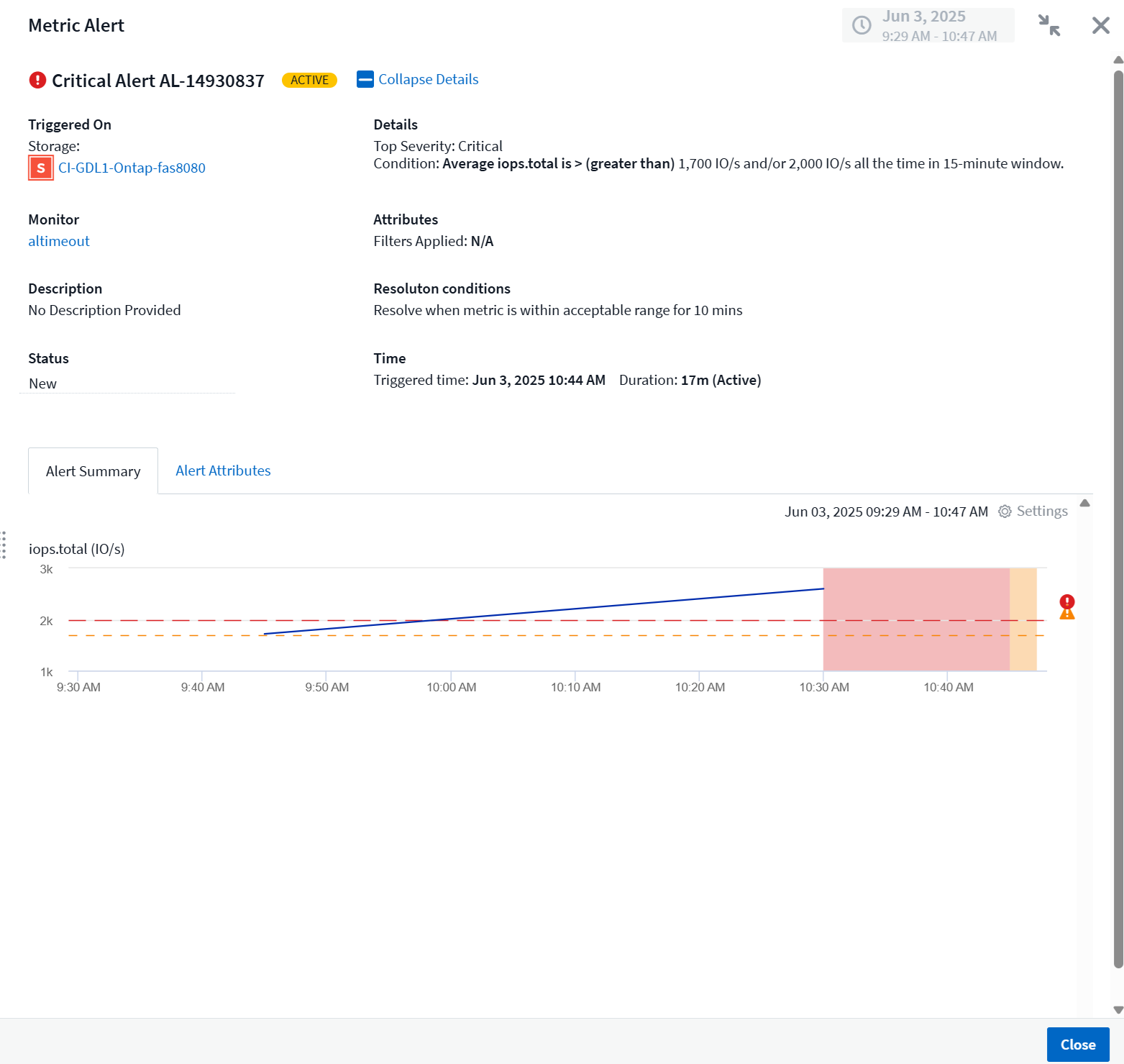metric alert detail panel