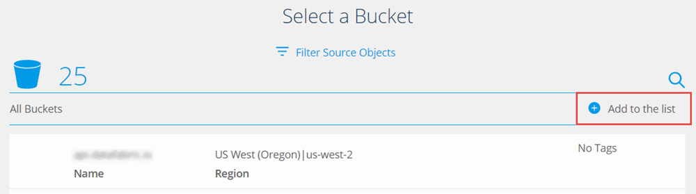 Screenshot that shows the Add to the list option for selecting an S3 bucket.