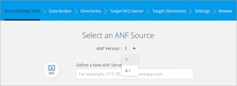 A screenshot of Cloud Sync that shows Azure NetApp Files selected as the source in the sync relationship. ANF versions 3 and 4.1 display a drop-down list.