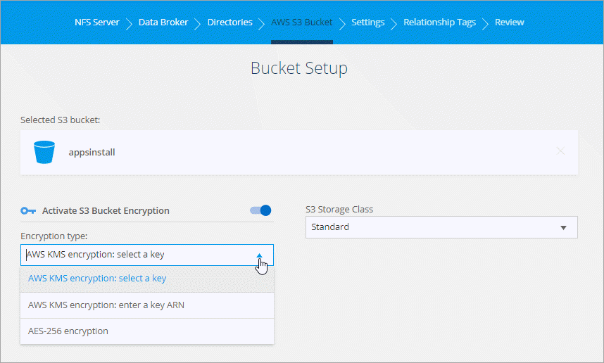 This screenshot shows the Bucket Setup page which enables you to enable or disable S3 bucket encryption.