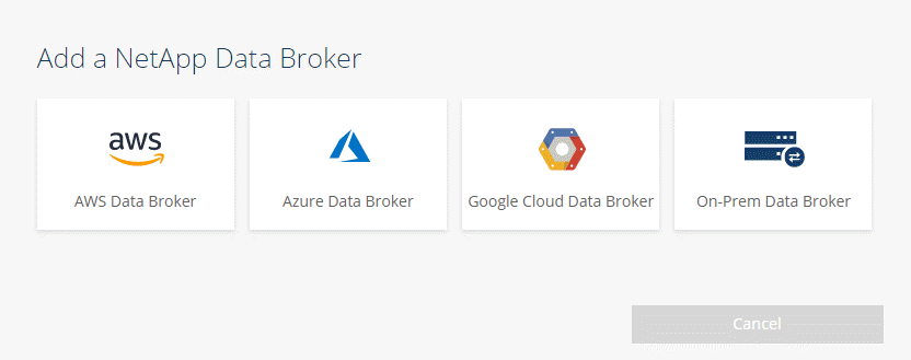 A screenshot showing the option to select a data broker in AWS, Azure, Google Cloud Platform, or an existing Linux host.