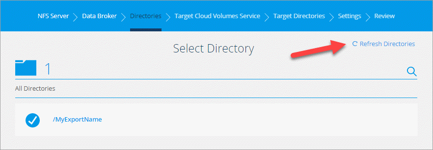 A screenshot of the Refresh Directories button which appears on the Select Directory page when creating a new sync relationship.