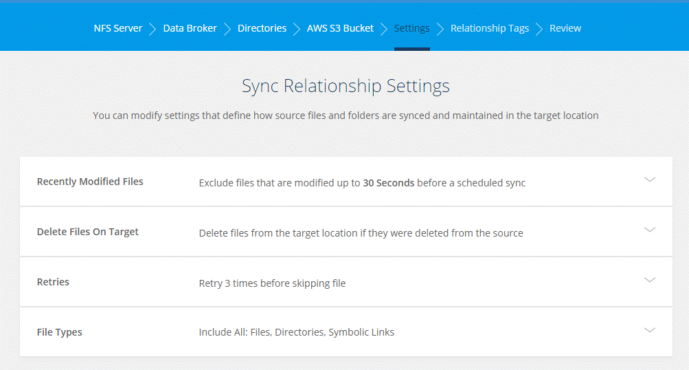 A screenshot of the create new sync relationship wizard, displaying the Settings page.