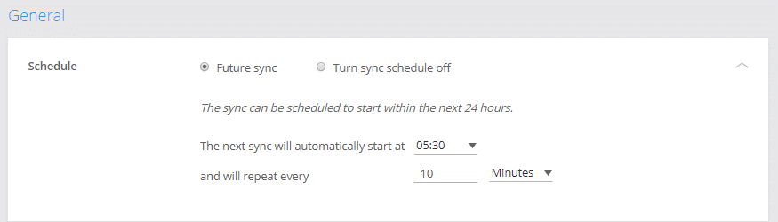 A screenshot of Cloud Sync that shows the Schedule setting for an existing sync relationship. You can choose the Future sync option or the Turn sync schedule off option.