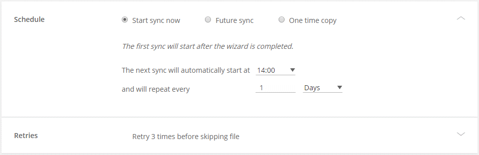 A screenshot of Cloud Sync that shows the Settings page for a new sync relationship. The first setting is the Schedule option where you can choose Start sync now, Future sync, or one time copy.