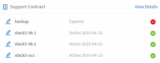 Shows four support contracts: one is expired and the other three are active.