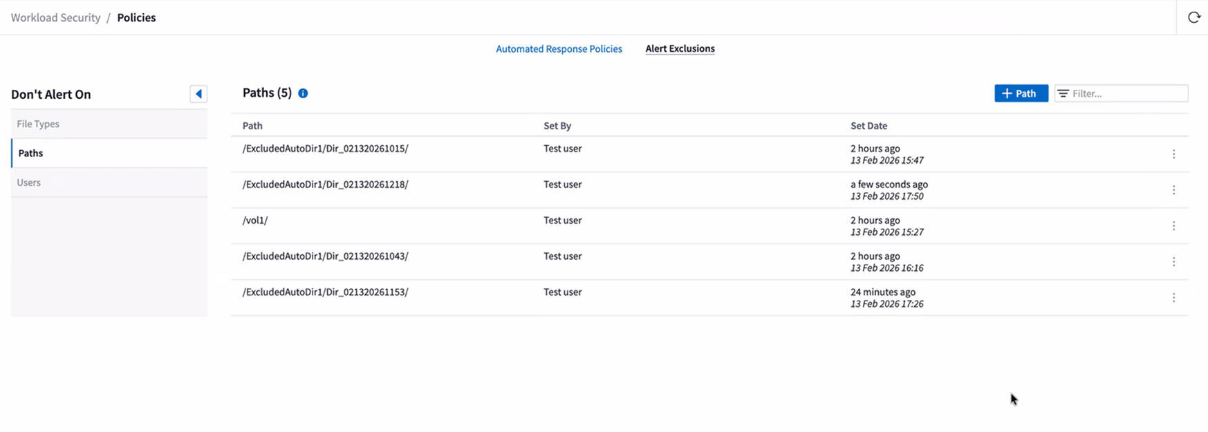 ws alert exclusions paths