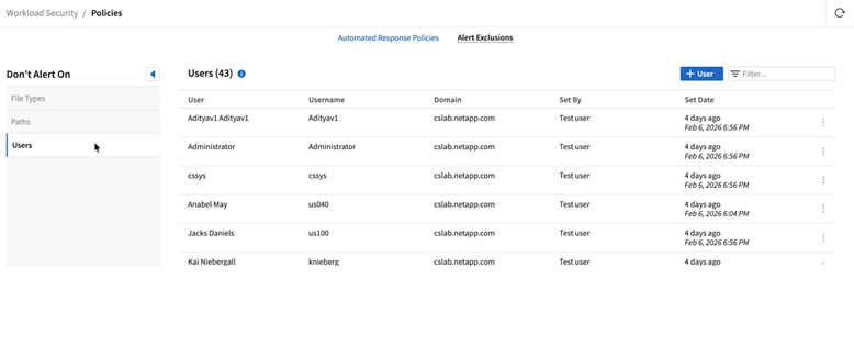 ws alert exclusions users