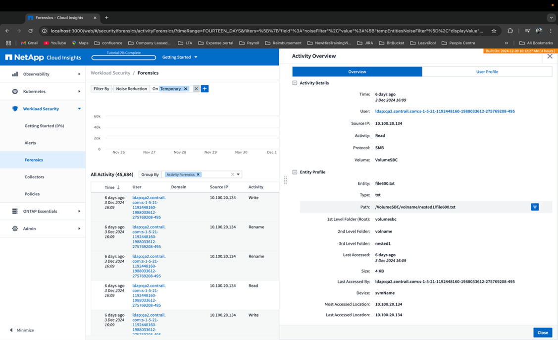 forensics page showing slideout displaying user activity