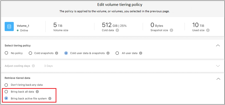 A screenshot that shows the configurable tiering policy settings.