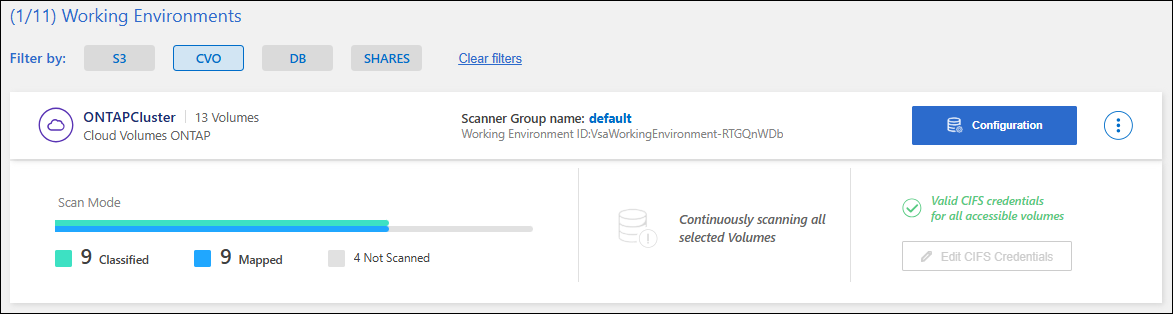 A screenshot of the Configuration tab showing a Cloud Volumes ONTAP system.