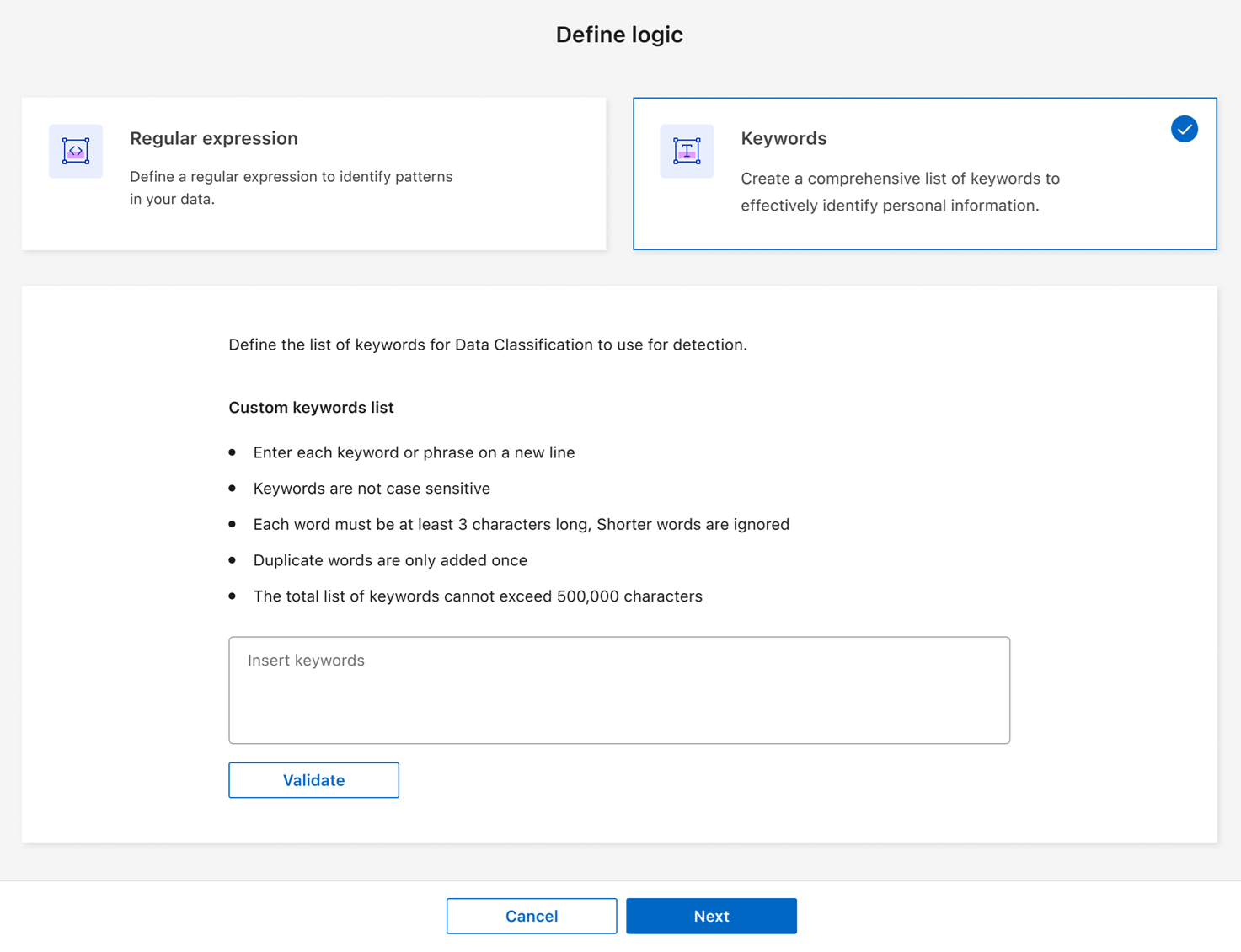 Screenshot of creating a custom classifier with keywords.
