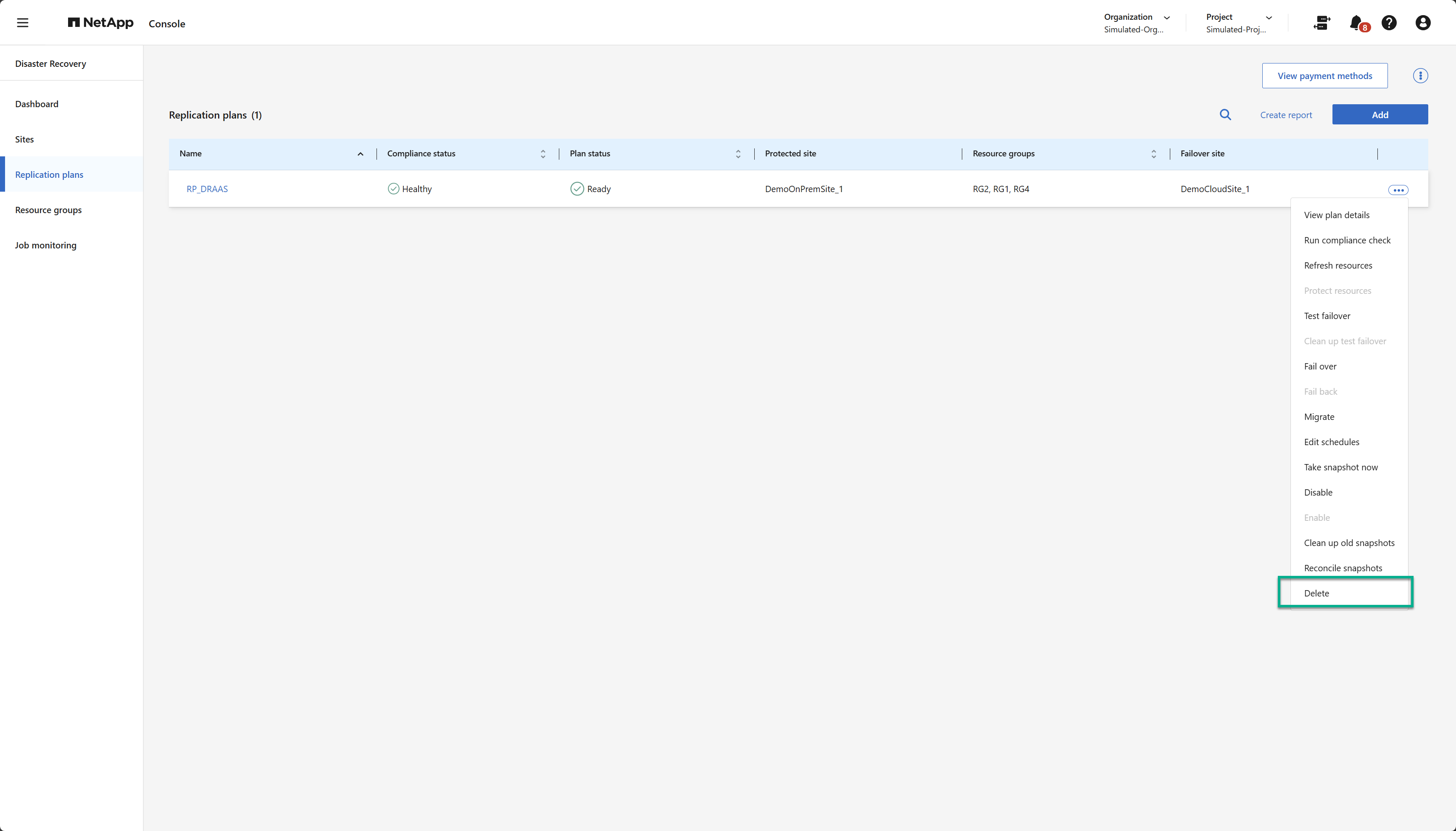 Delete menu option