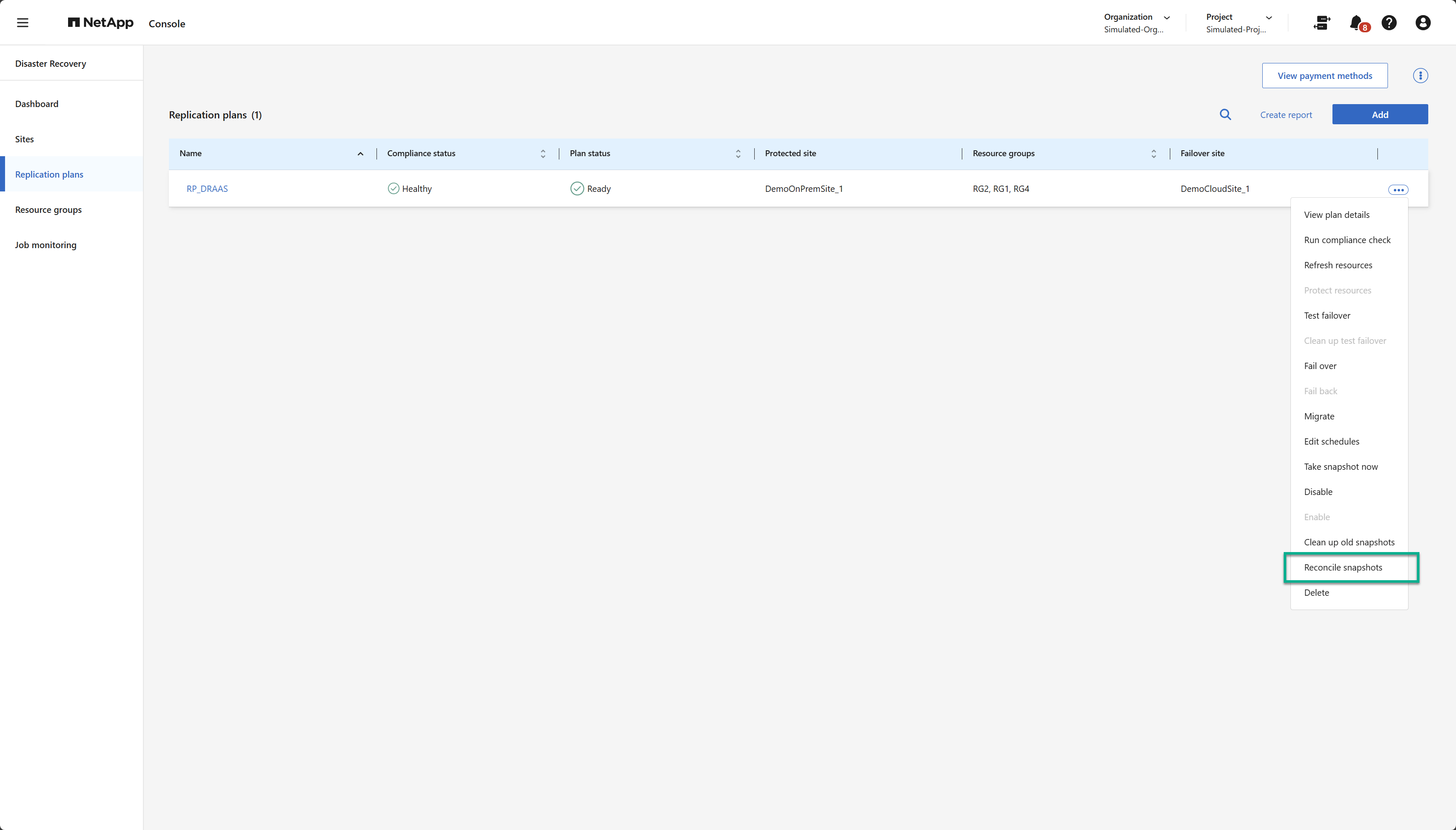 Reconcile snapshots menu option