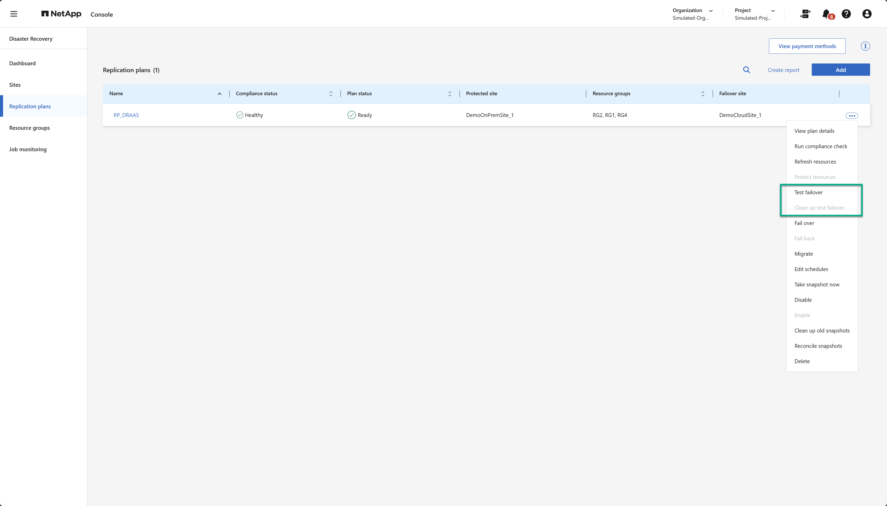 Test failover menu option