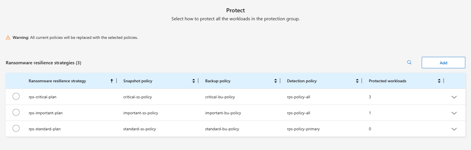 Add protection group - Policy page