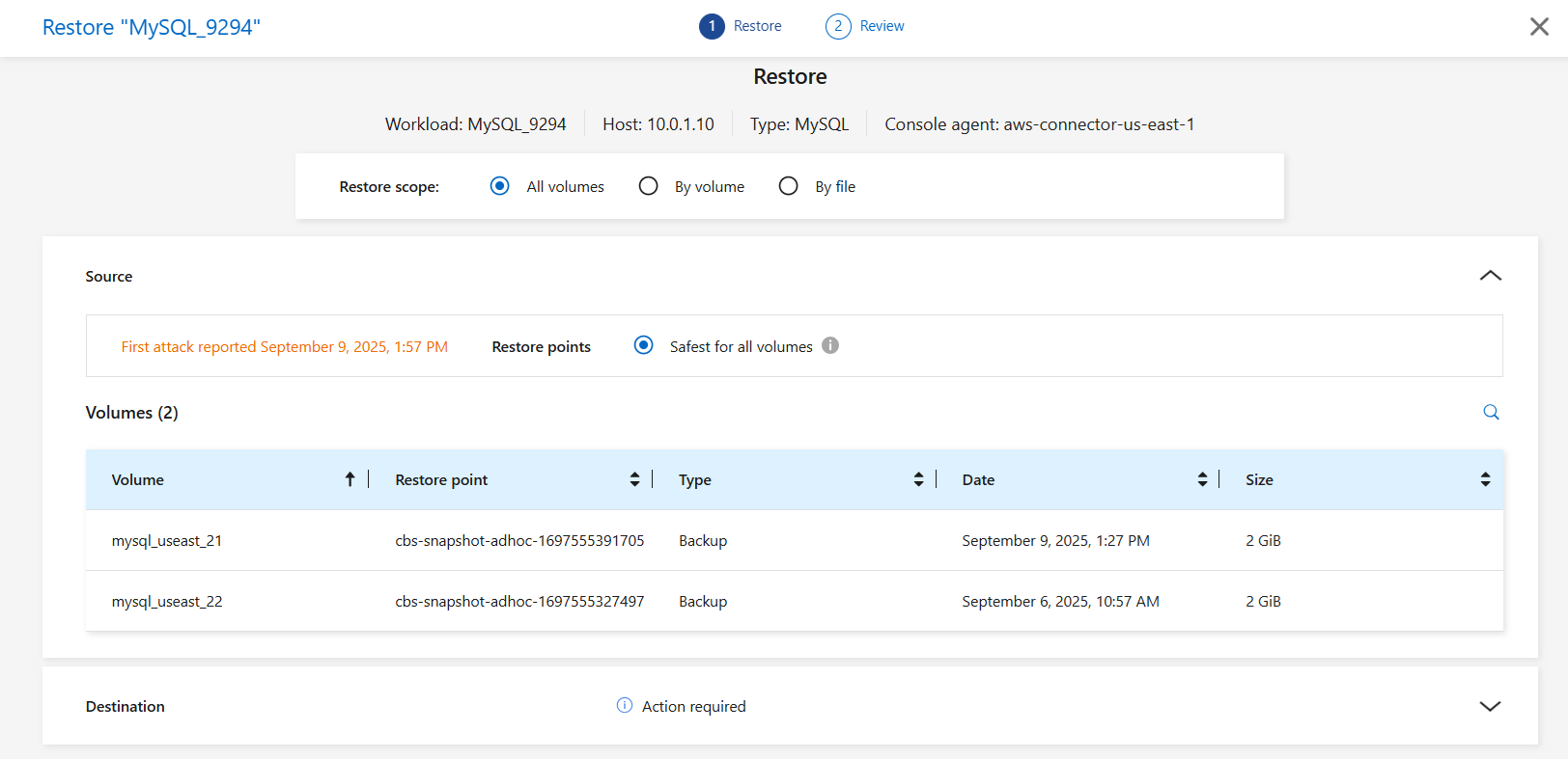 Restore by all volumes page