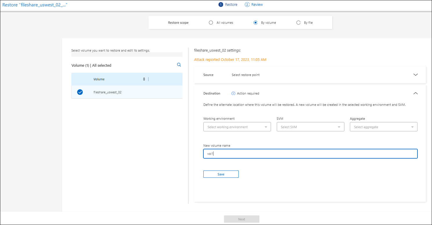 Recovery page showing file share recovery