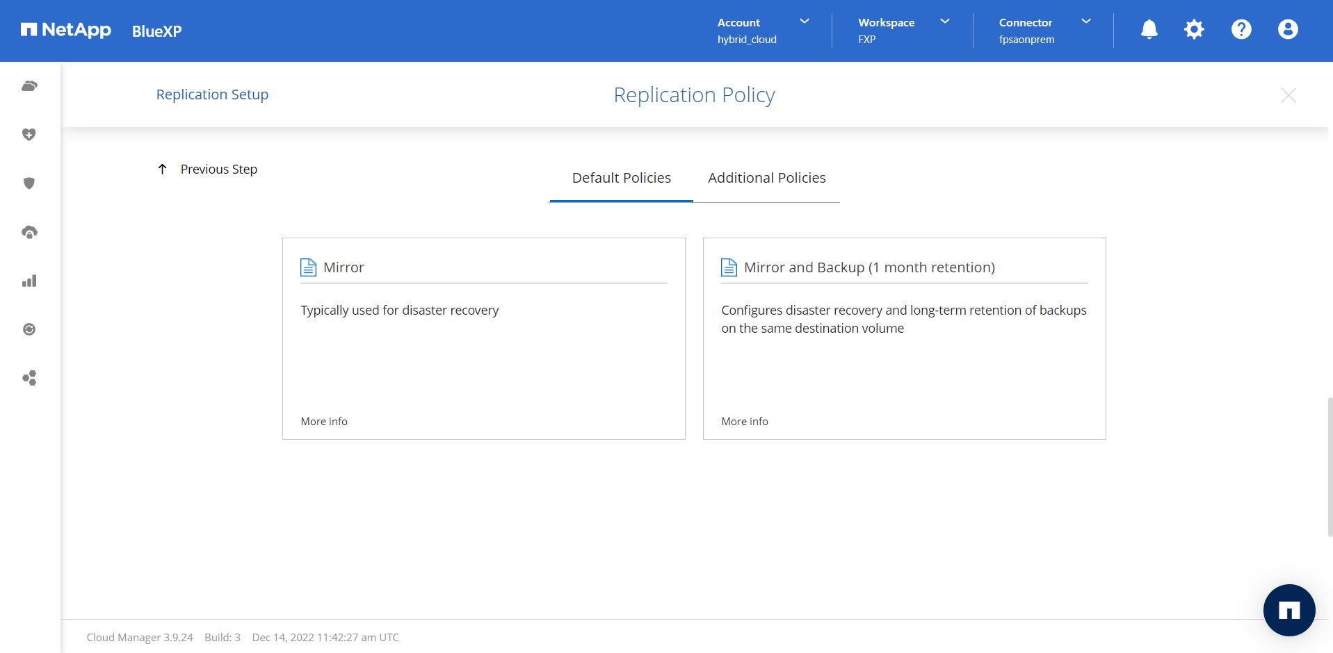 This screenshot shows the BlueXP Replication Policy page with the Default policies of Mirror or Mirror and Backup displayed.
