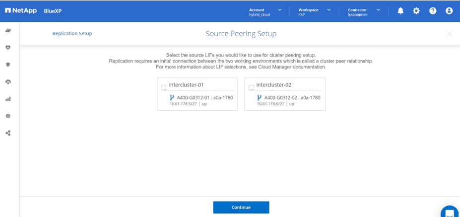 This screenshot shows the BlueXP Source Peering Setup screen.