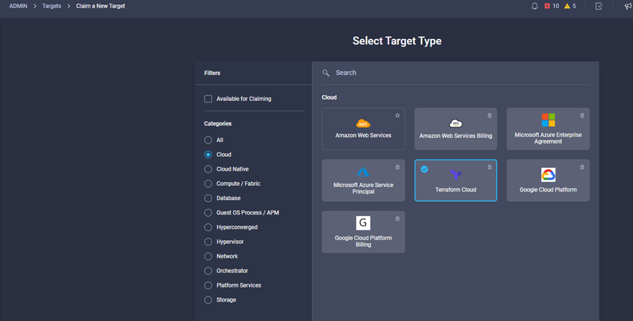 Screenshot of Selecting target type in Cisco Intersight.