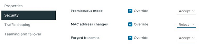 Shows the security selections to make for the VM network.