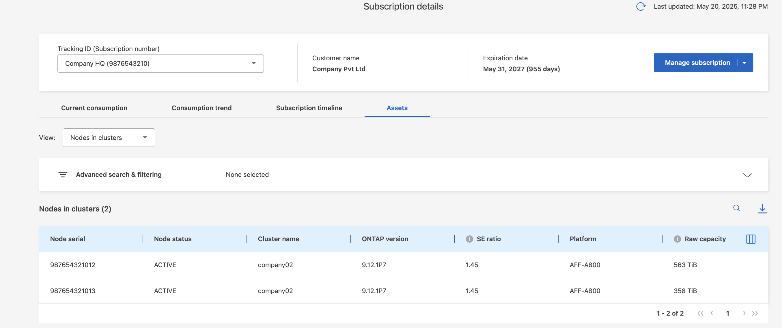 A screenshot of nodes in clusters for a subscription