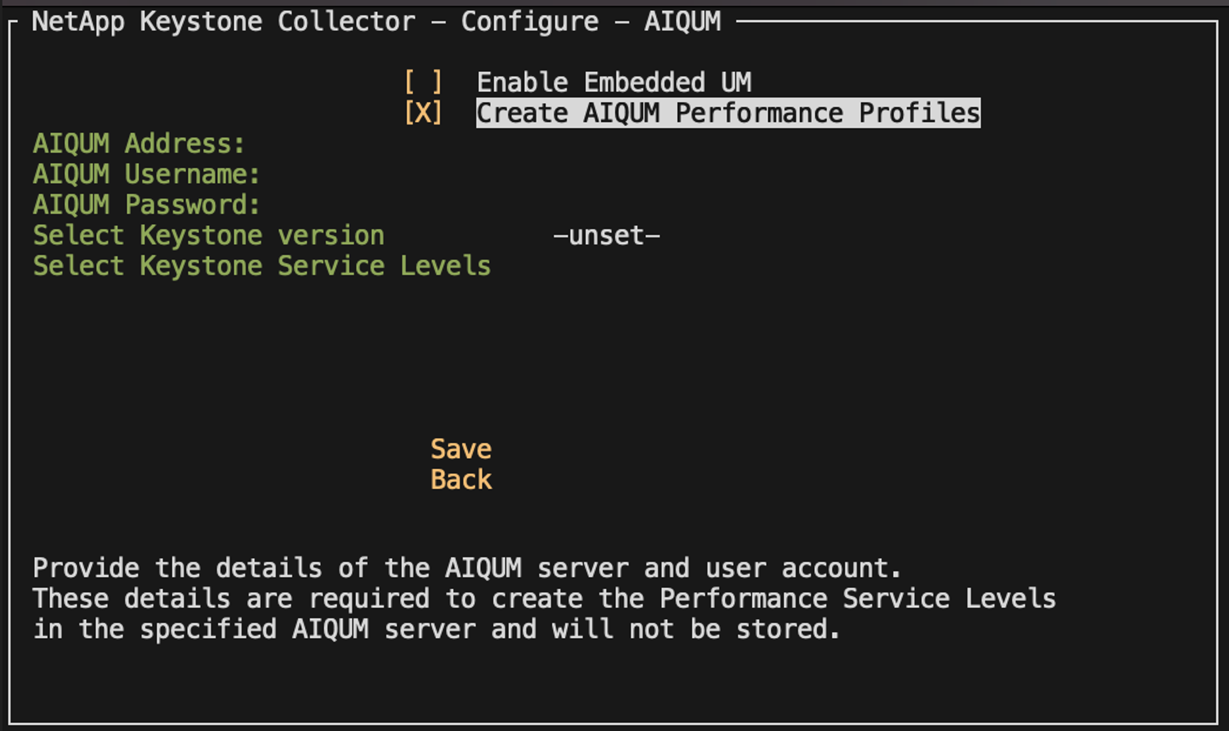 TUI screen to enter the details of the AIQUM server and service account