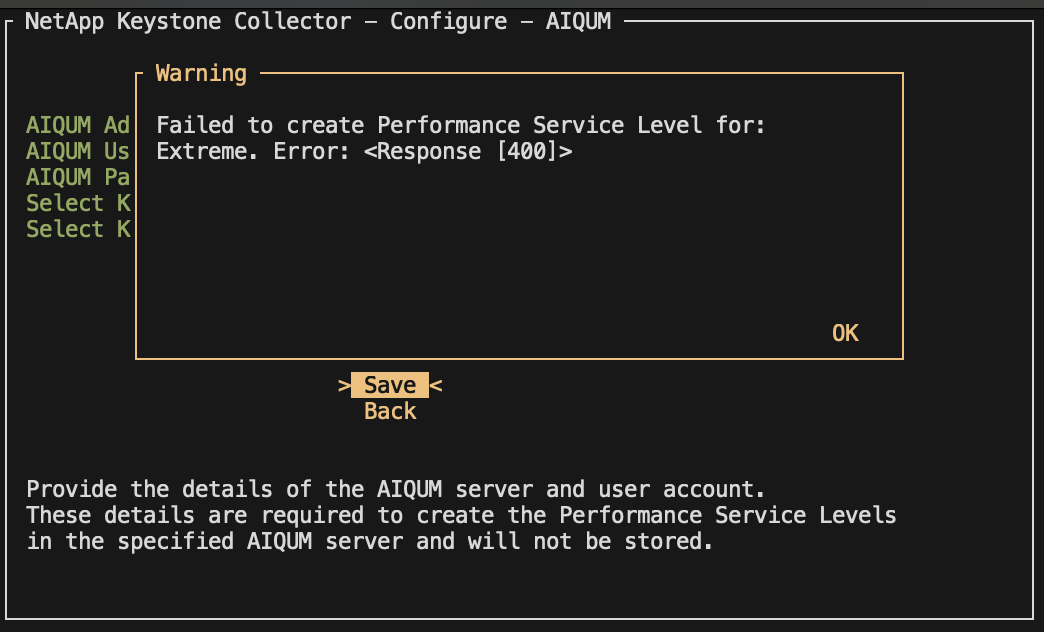 TUI screen to display the error message for policy creation