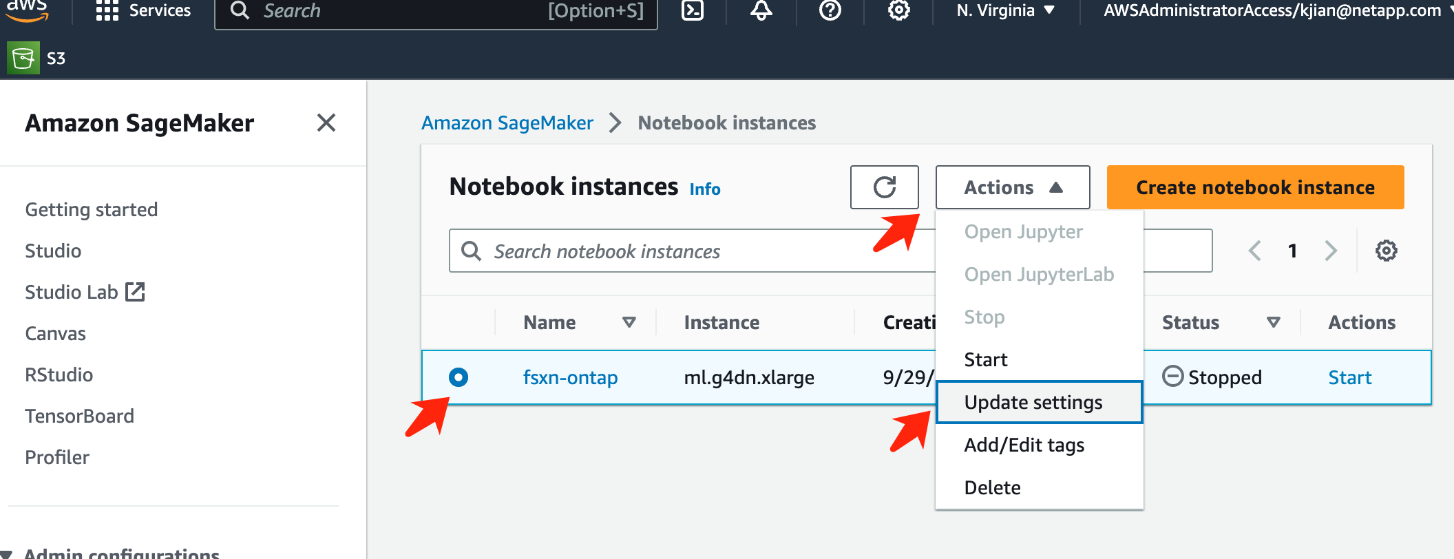 Update settings dropdown
