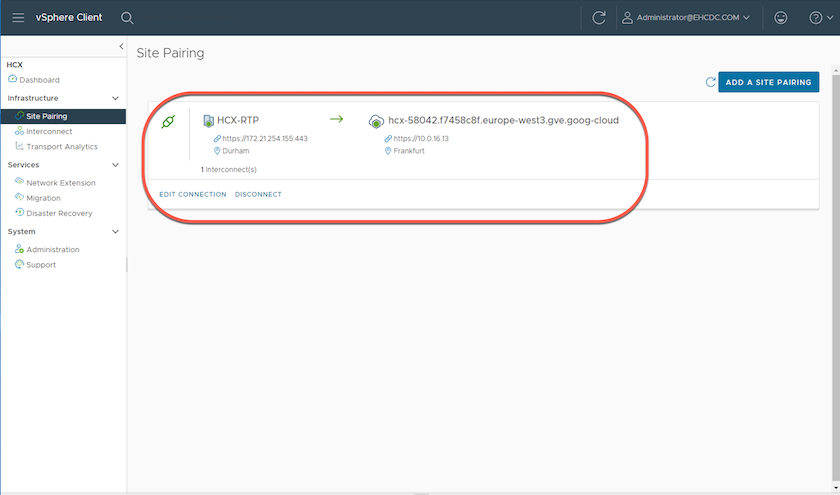 Screenshot of the completed process on the HCX dashboard.