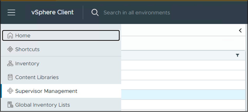 Supervisor Management menu in vCenter