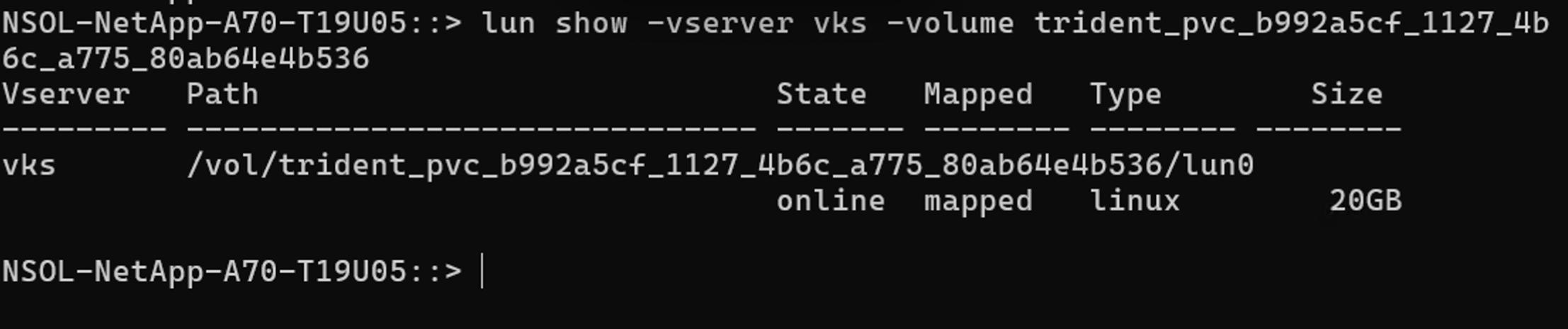 ONTAP CLI output for SAN LUN