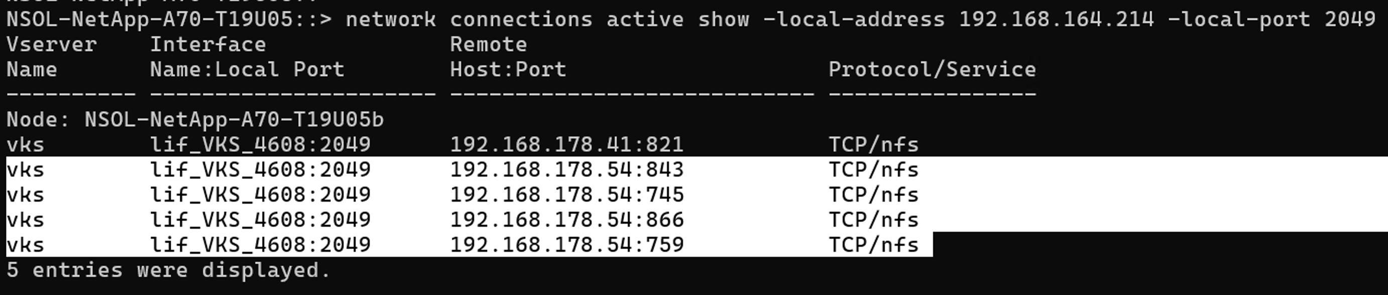 ONTAP CLI output for active connections