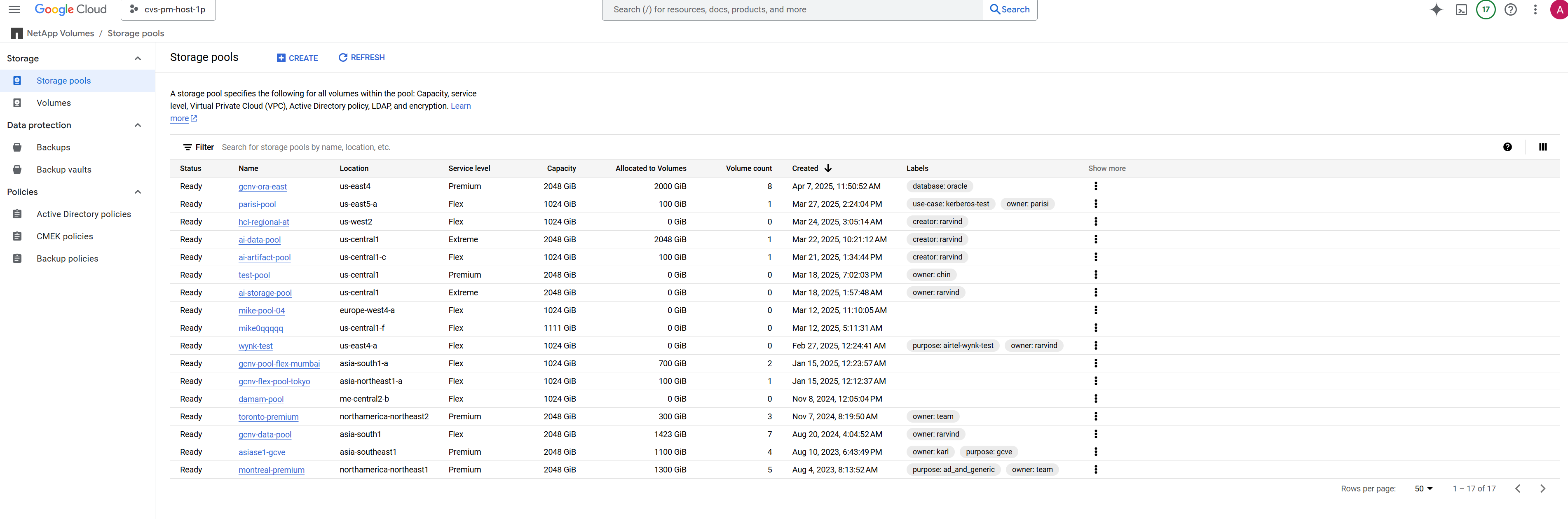 Screenshot showing GCNV environment configuration.