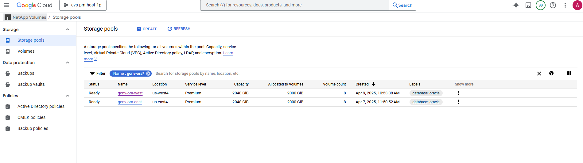 Screenshot showing GCNV environment configuration.
