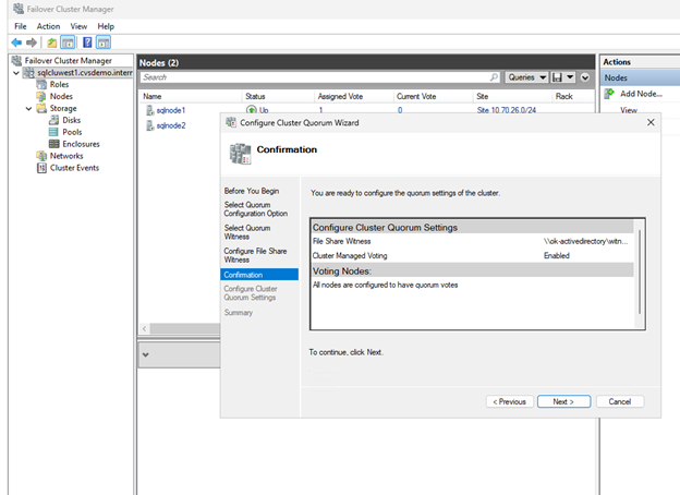 Cluster quorum configured with file share witness
