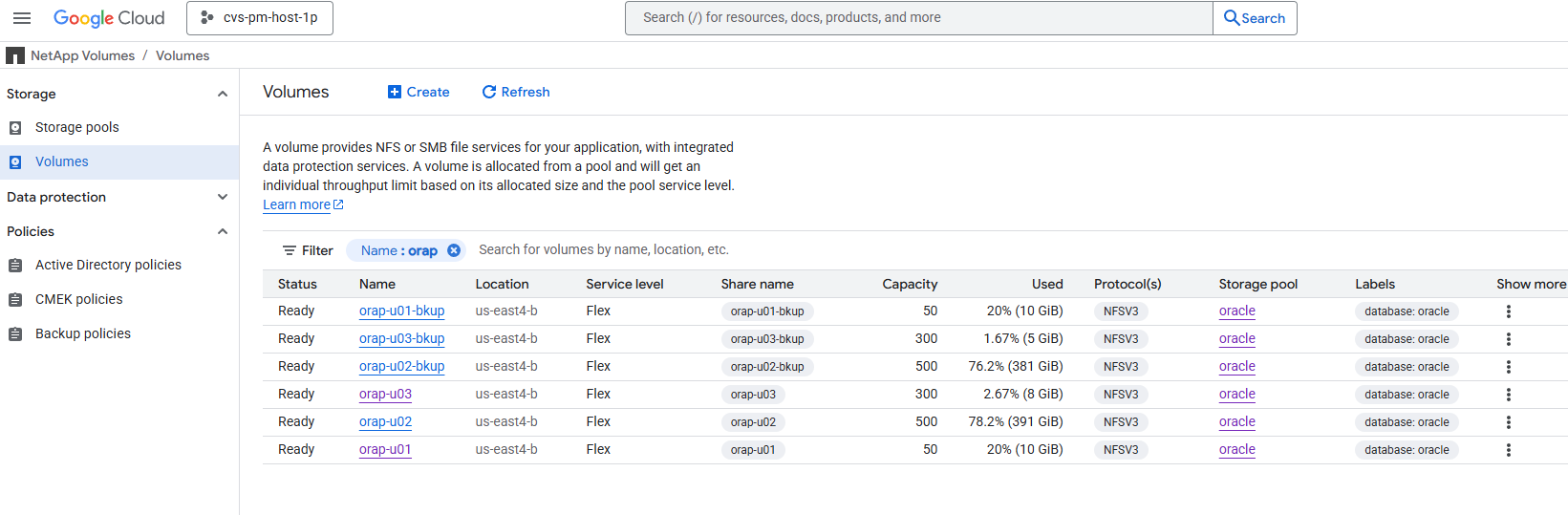 This image provides screen shots for GCNV vault backup restore for Oracle deployment in Google Cloud with NFS.