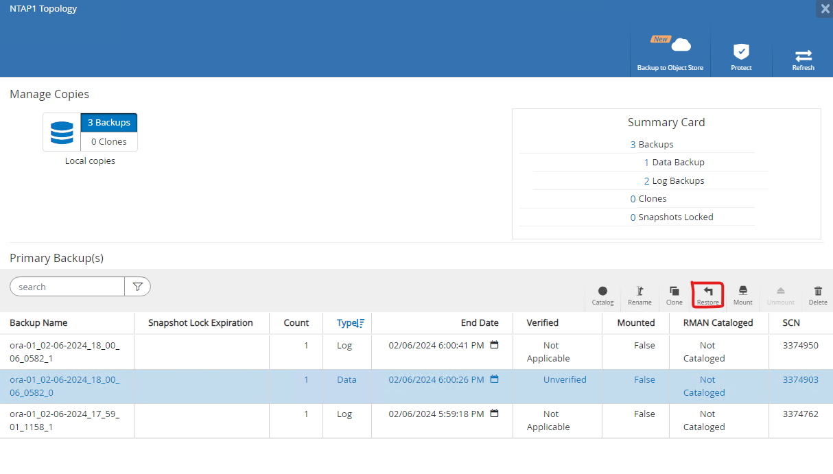 This image provides database restore for SnapCenter server