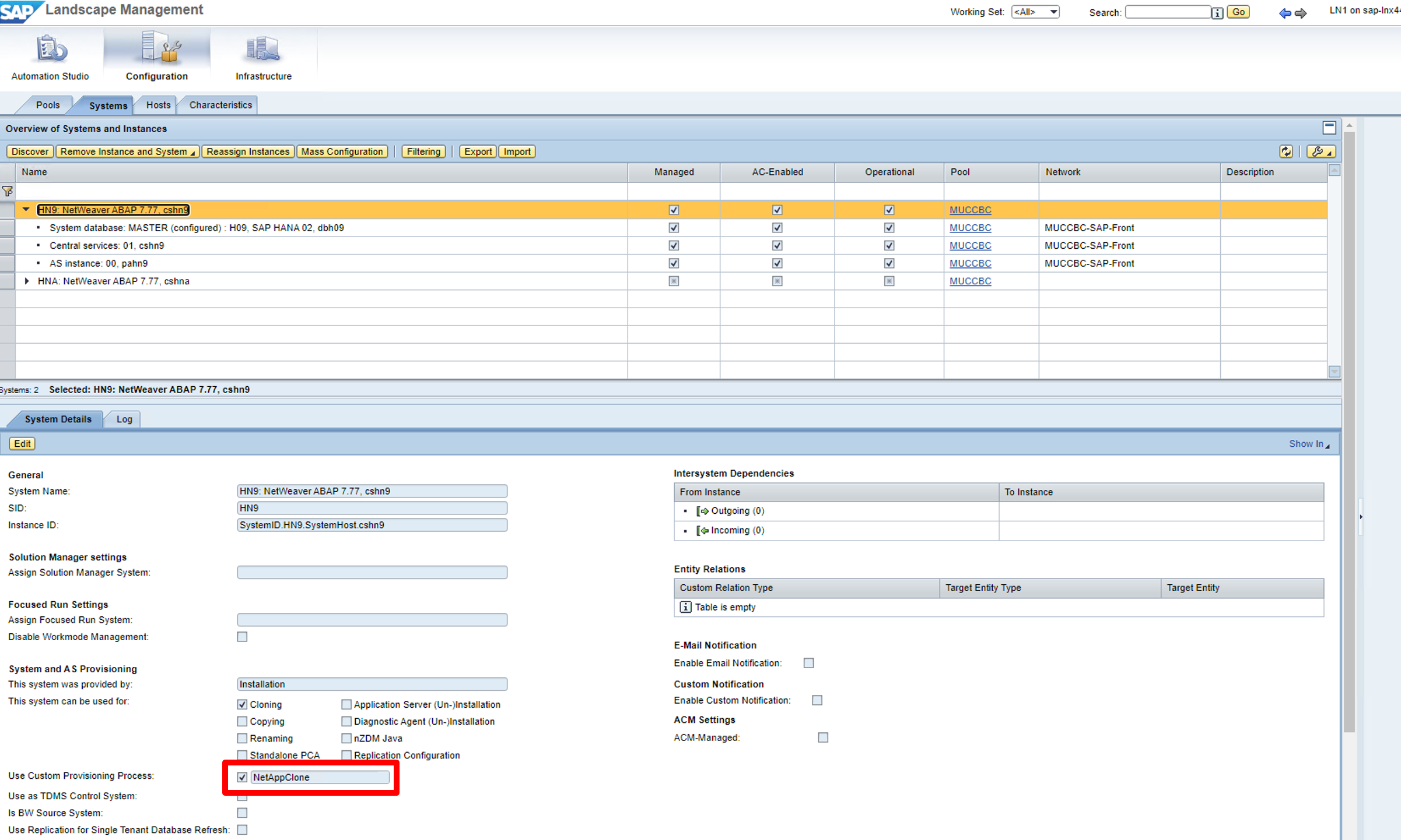 Screenshot of the SAP LaMa Configuration > Systems> System Details screen. Use Custom Provisioning Process checkbox is highlighted.