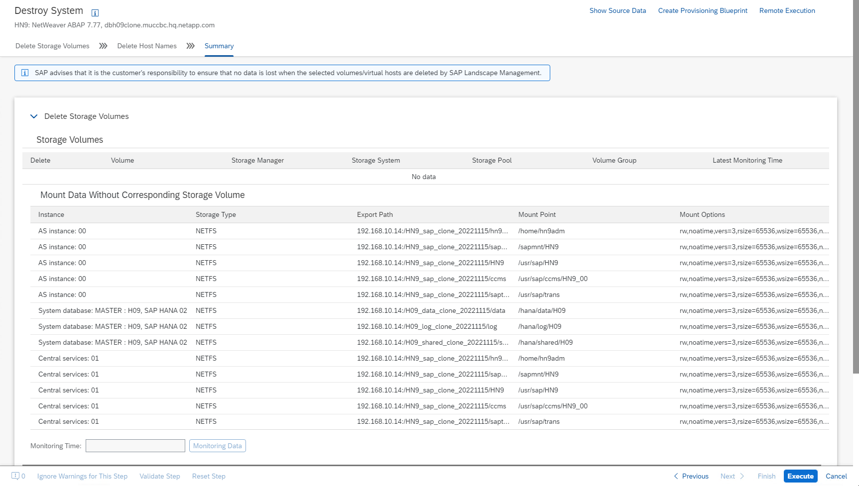 This screenshot shows the Destroy Storage Volumes Summary page.