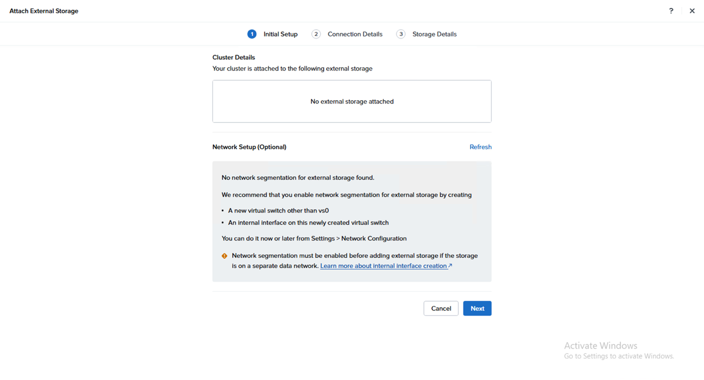 Attach External Storage wizard, Initial Setup page