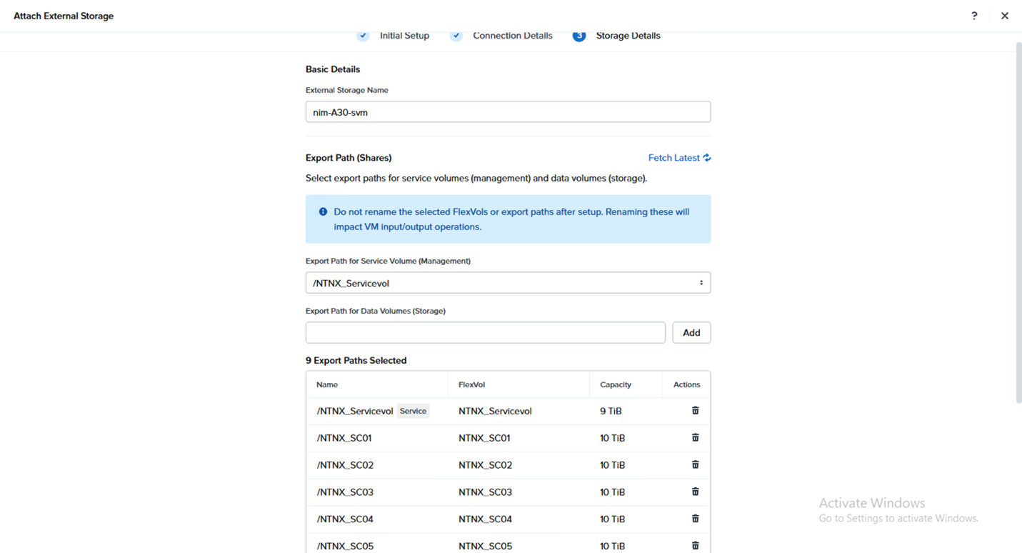 Attach External Storage wizard, Storage Details page showing the selected export paths and their capacity