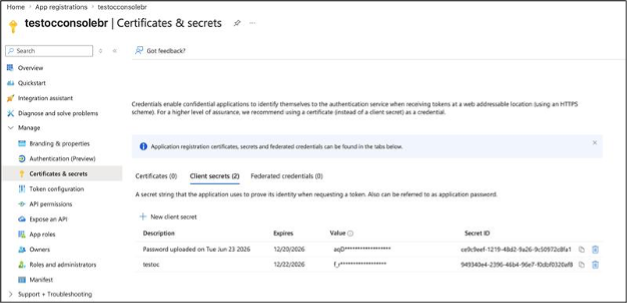 Creating Client Secret for the Application
